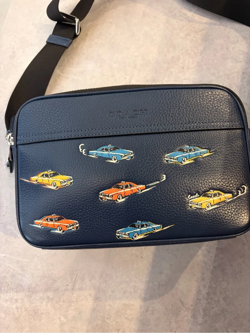 Coach Navy Leather Camera Bag with Multicolor messenger crossbody bag with cars